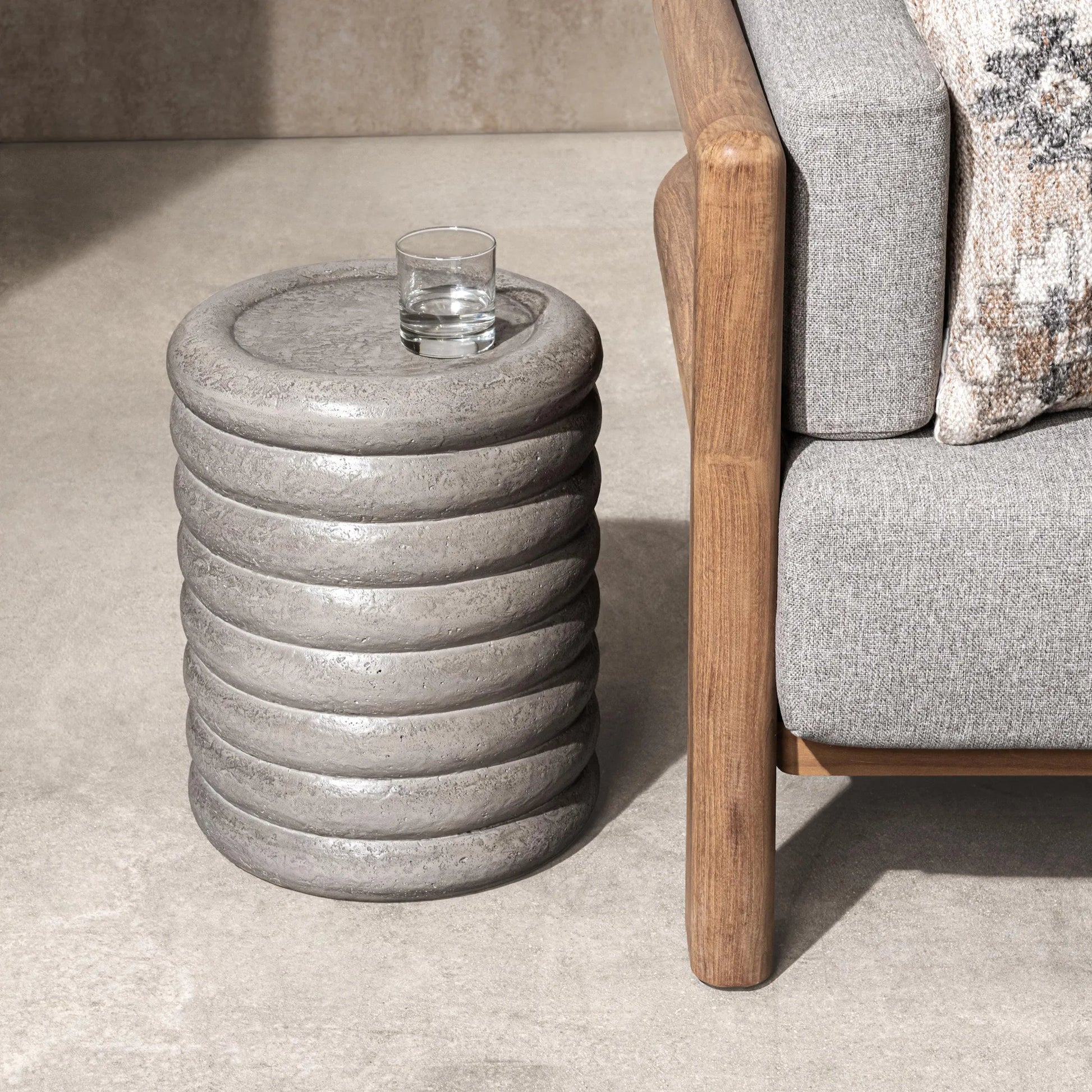 Reva Outdoor End Table by Classic Home in athena gray. Made from glass fiber reinforced concrete in a unique style.
