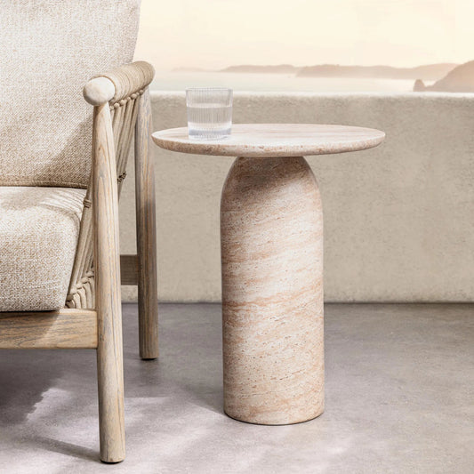 Sana Outdoor Concrete End Table by Classic Home in beige. Made from glass fiber reinforced concrete in a unique style.
