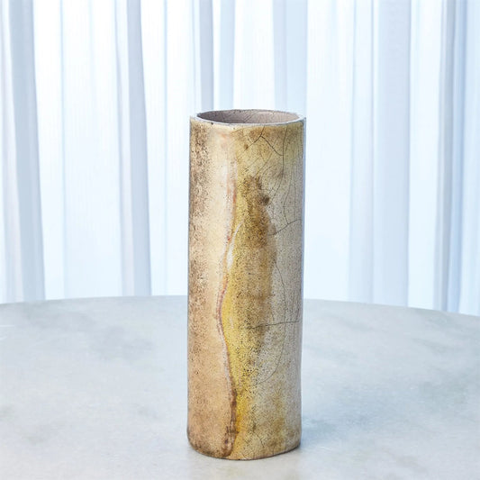 Golden Raku Flat Round Vase by Global Views. Made from ceramic raku in a eclectic & global style.