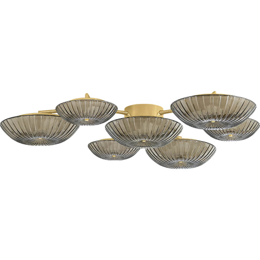 Birmingham Flush Mount by Corbett in vintage polished brass. Made from steel in a unique style.
