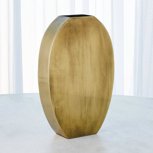 Squared Oval Vase by Global Views in antique brass. Made from steel in a modern style.