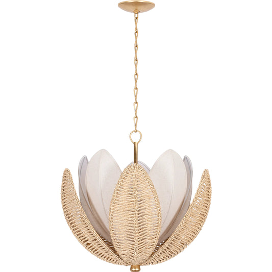 Costa Brava Chandelier by Corbett in vintage gold leaf. Made from natural woven in a rustic style.