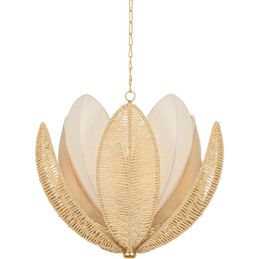 Costa Brava Chandelier by Corbett in vintage gold leaf. Made from natural woven in a unique style.