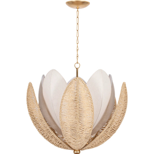 Costa Brava Chandelier by Corbett in vintage gold leaf. Made from natural woven in a rustic style.