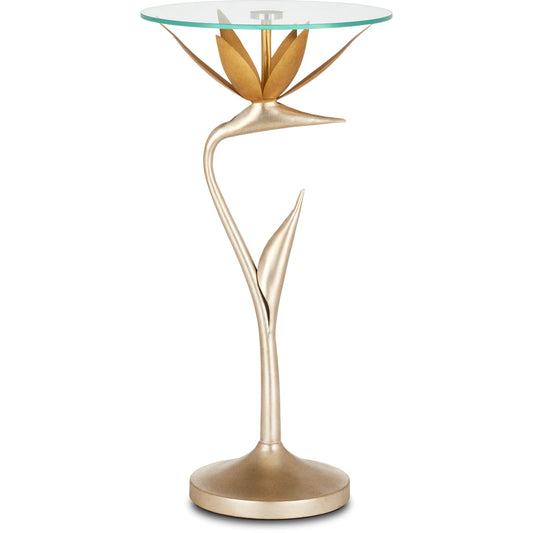 Paradiso Accent Table by Currey and Company in contemporary silver leaf, contemporary gold leaf, clear. Made from wrought iron, glass in a modern style.