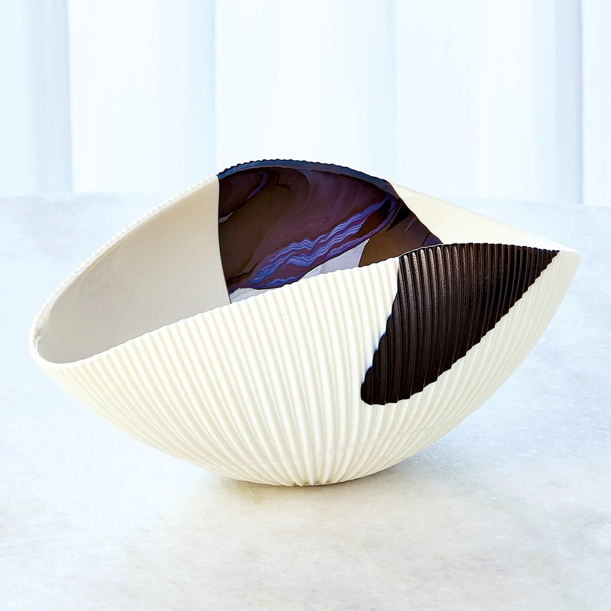 Pleated Bronze Stripe Bowl by Global Views in bronze stripe. Made from artglass in a modern style.