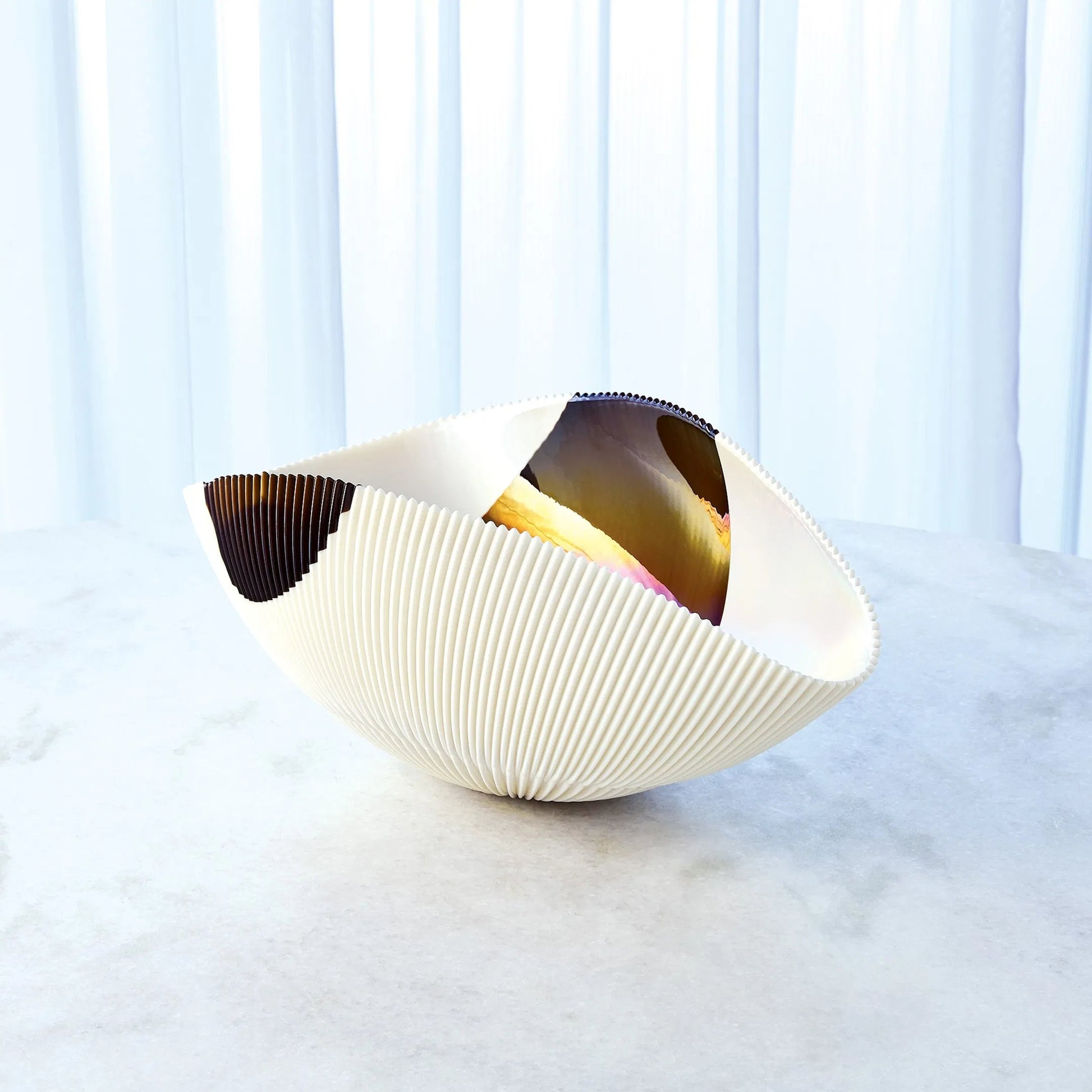 Pleated Bronze Stripe Bowl by Global Views in bronze stripe. Made from artglass in a modern style.