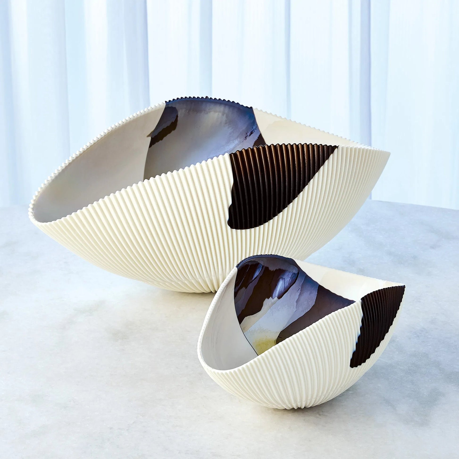 Pleated Bronze Stripe Bowl by Global Views in bronze stripe. Made from artglass in a modern style.