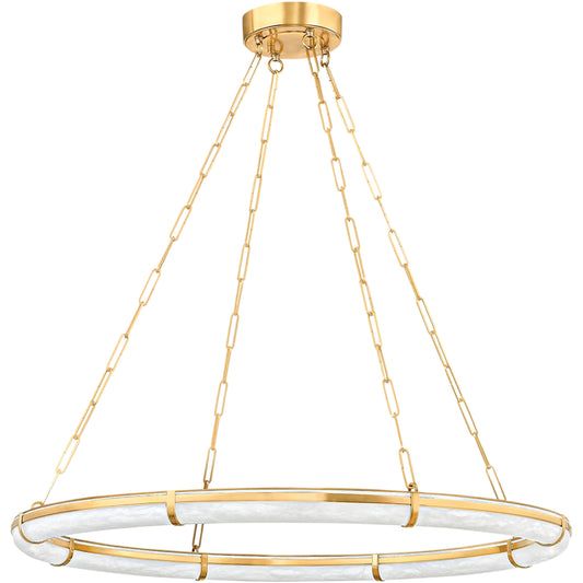 Sennett Chandelier by Hudson Valley in aged brass. Made from brass in a unique style.