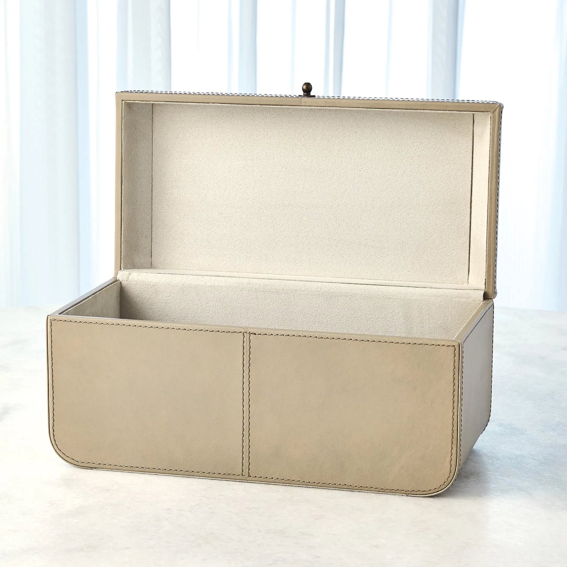 Curved Corner Box by Global Views. Made from mdf, leather, polysuede lining in a eclectic & global style.