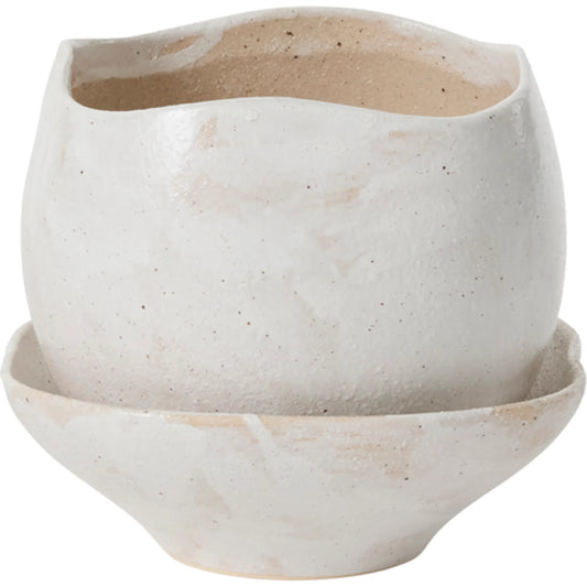 Iona Pot with Saucer by Accent Decor in off, white. Made from ceramic in a unique style.