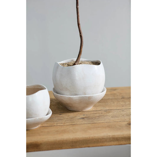 Iona Pot with Saucer by Accent Decor in off, white. Made from ceramic in a unique style.