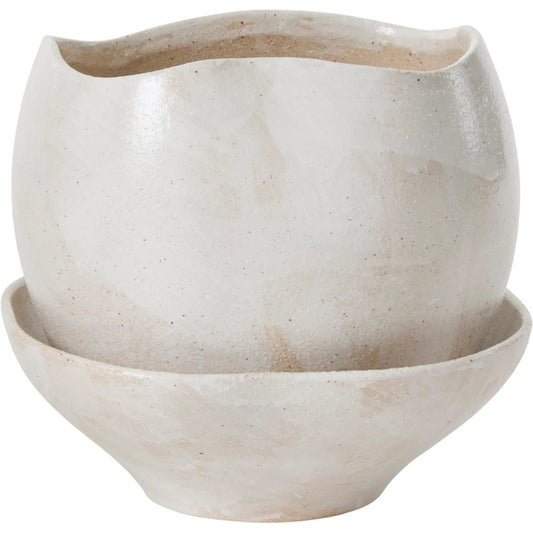 Iona Pot with Saucer by Accent Decor in off, white. Made from ceramic in a unique style.