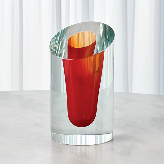 Slanted Vase by Global Views in clear with bubbles. Made from artglass in a modern style.