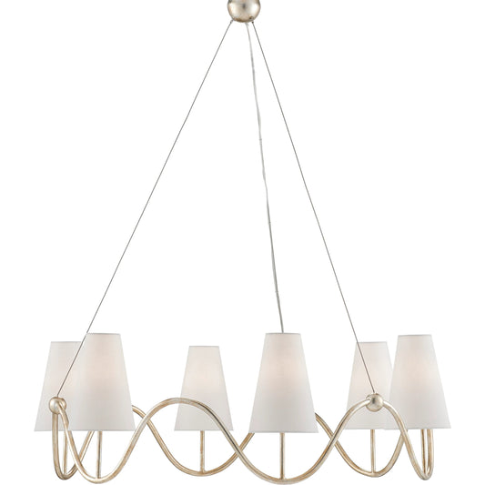 Kadir Chandelier by Currey and Company in silver granello. Made from off white linen (included) in a transitional style.