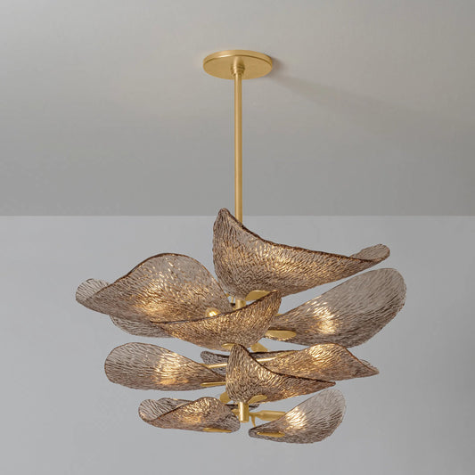 Cardiff Chandelier by Corbett in vintage gold leaf. Made from iron in a modern style.