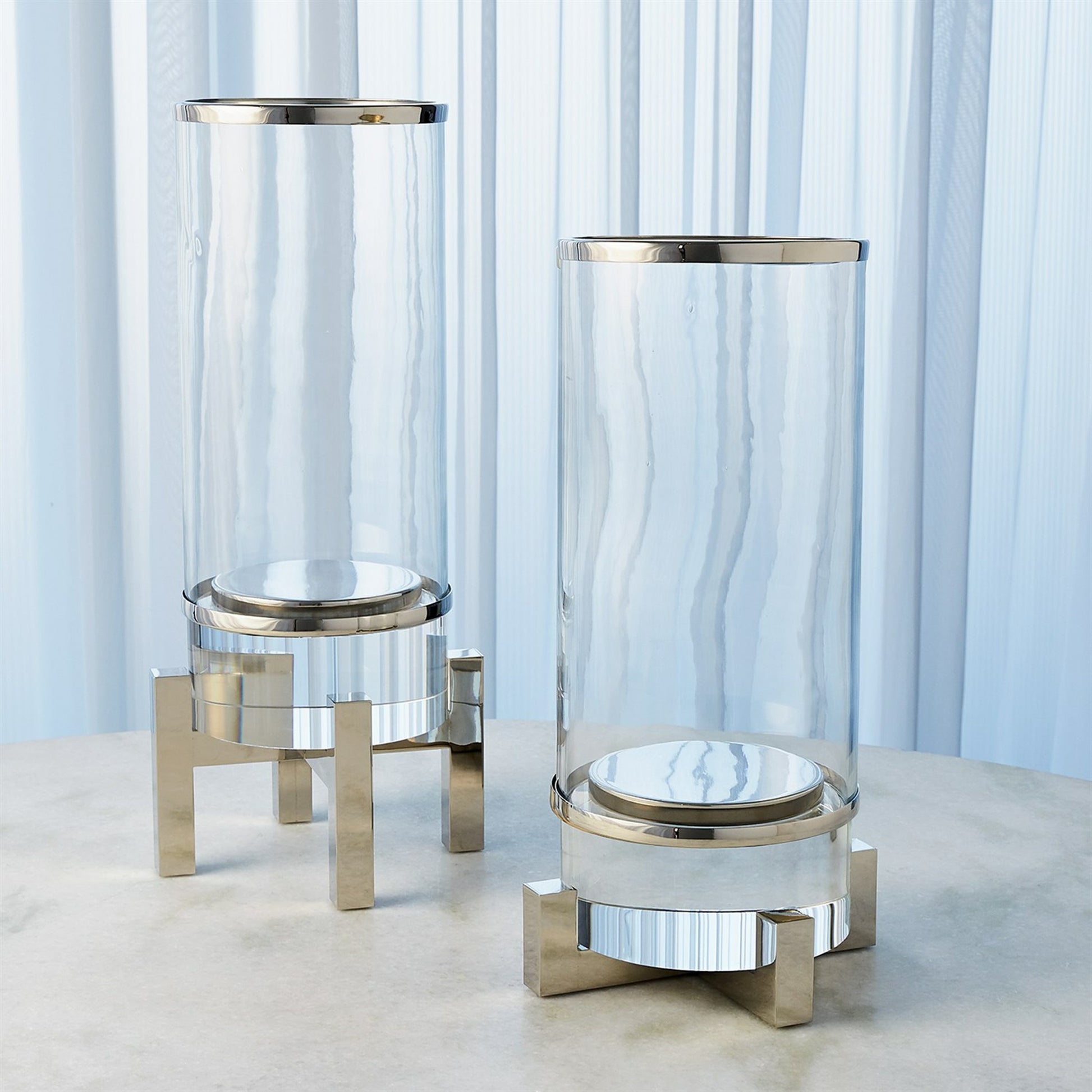 Cylinder Hurricane by Global Views in nickel. Made from brass, nickel, glass in a transitional style.