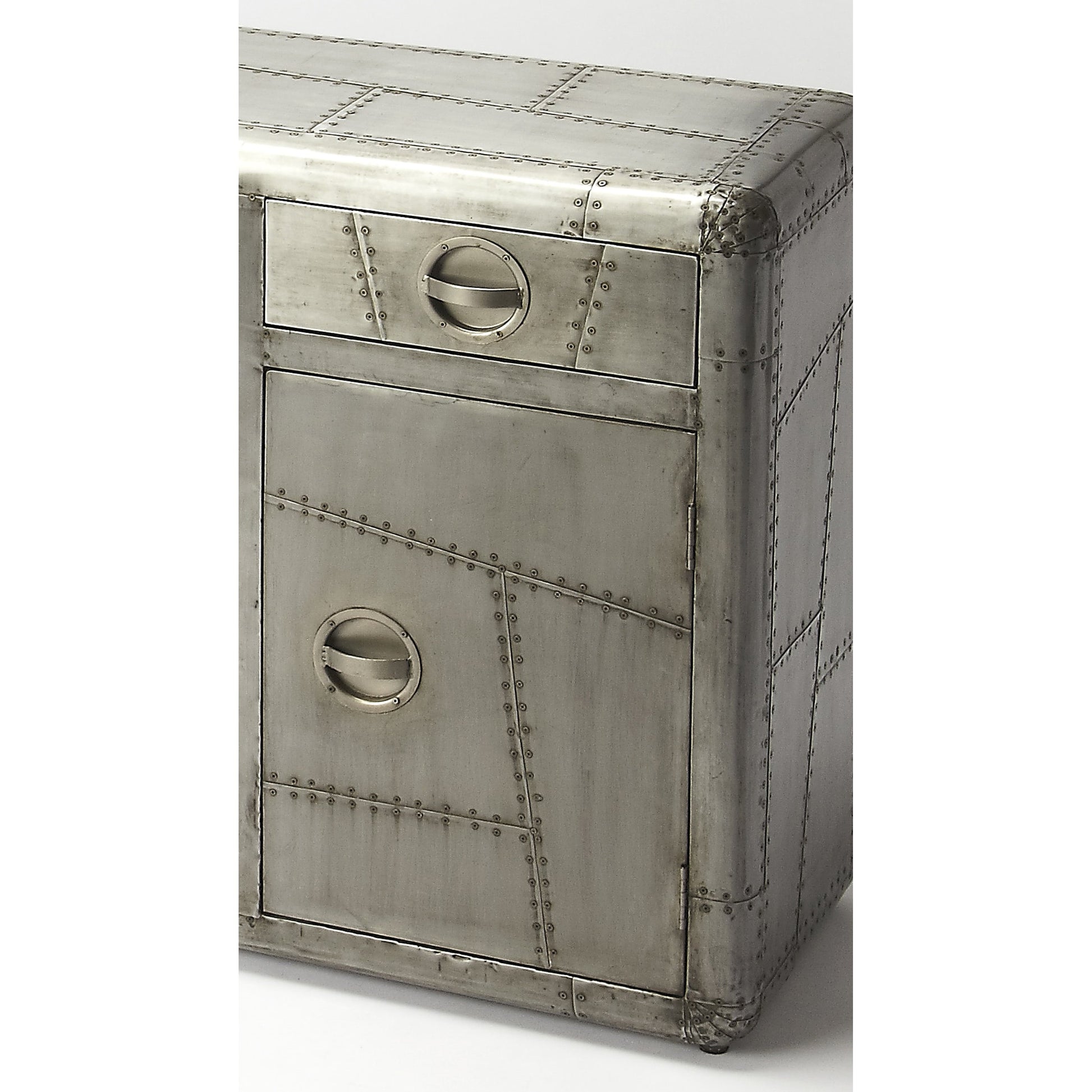 Yeager Aviator Console Cabinet by Butler Specialty Company in gray and industrial chic. Made from mango wood solids, mdf, aluminum in a modern style.