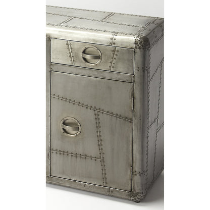 Yeager Aviator Console Cabinet by Butler Specialty Company in gray and industrial chic. Made from mango wood solids, mdf, aluminum in a modern style.