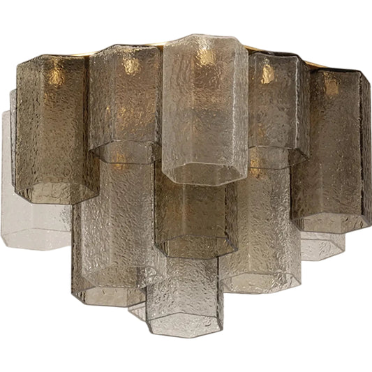 Helsinki Semi Flush by Corbett in vintage gold leaf. Made from iron in a unique style.