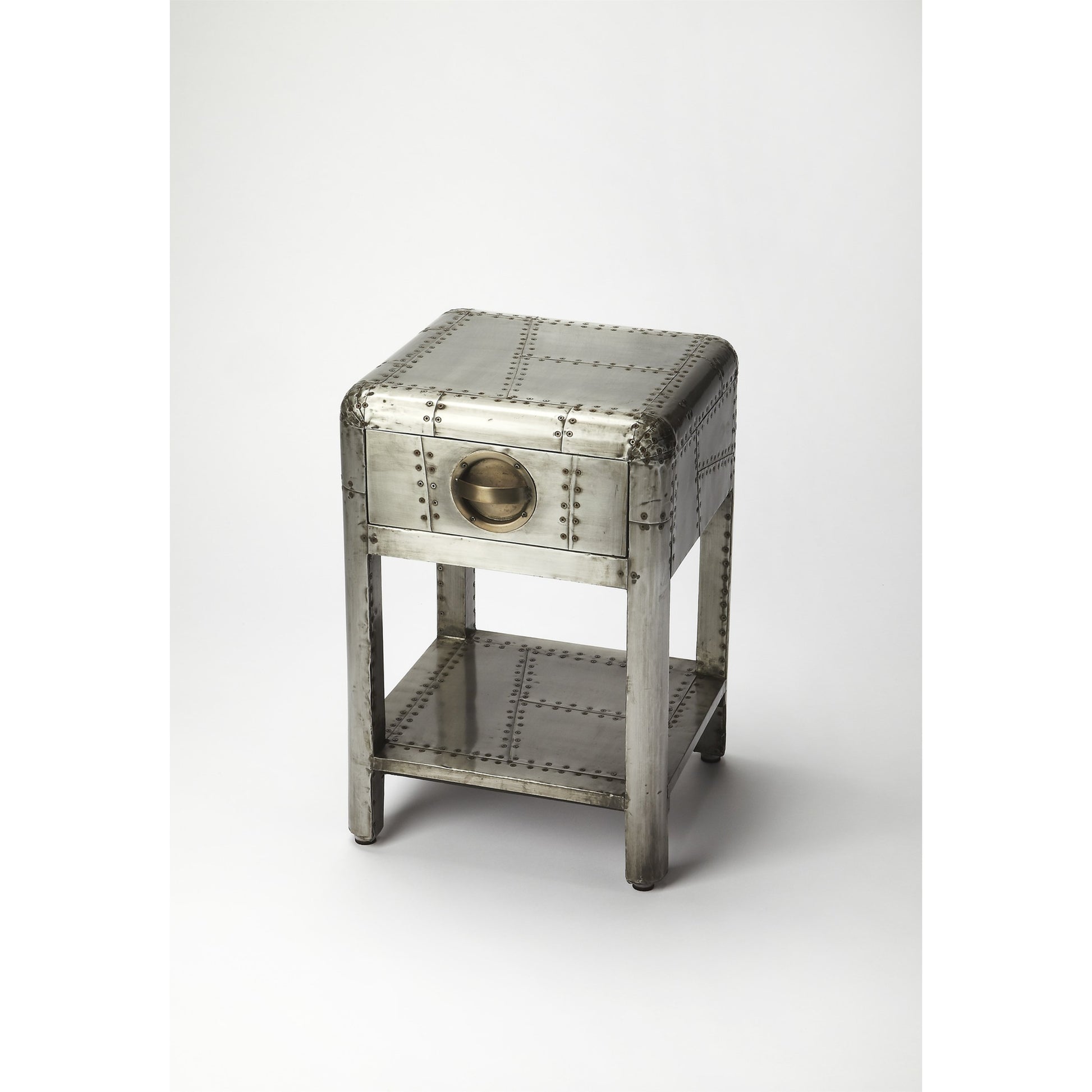 Yeager Aviator Side Table by Butler Specialty Company in gray and industrial chic. Made from mango wood solids, mdf, aluminum in a modern style.