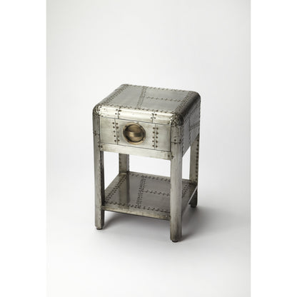 Yeager Aviator Side Table by Butler Specialty Company in gray and industrial chic. Made from mango wood solids, mdf, aluminum in a modern style.