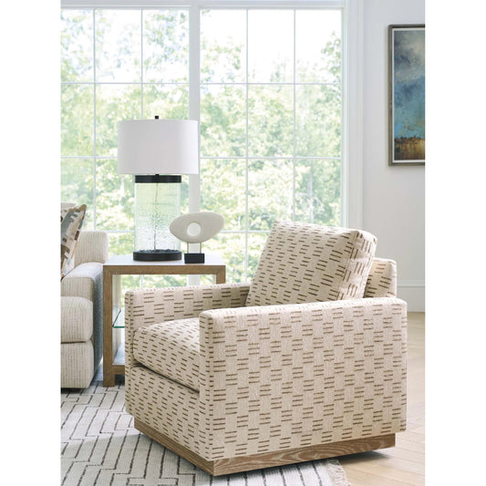 Meadow View Swivel Chair by Barclay Butera in tan. Made from mahogany, fabric in a transitional style.