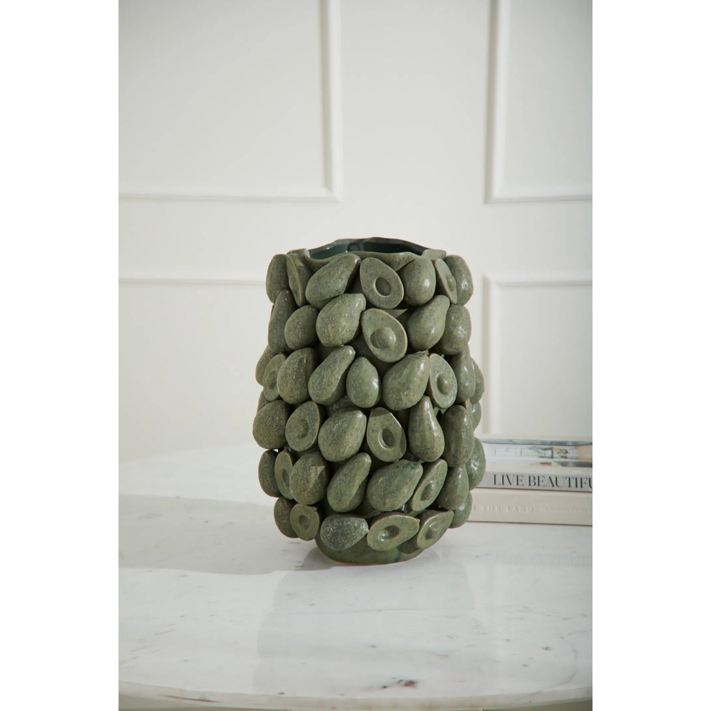 002 SI-2539805 | Lifestyle | Layered Avocado Vase by Accent Decor in green. Made from ceramic in a unique style.