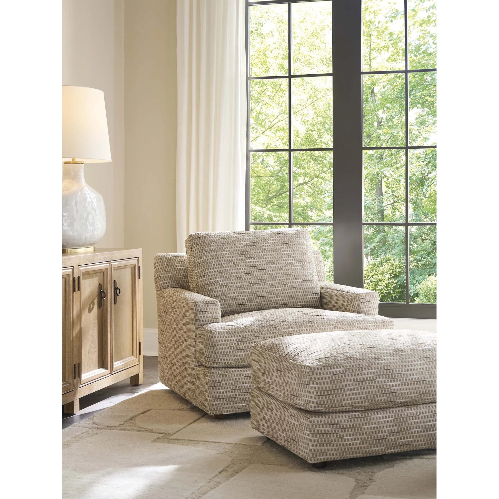Millington Ottoman by Barclay Butera in beige, tan. Made from mahogany, fabric in a unique style.