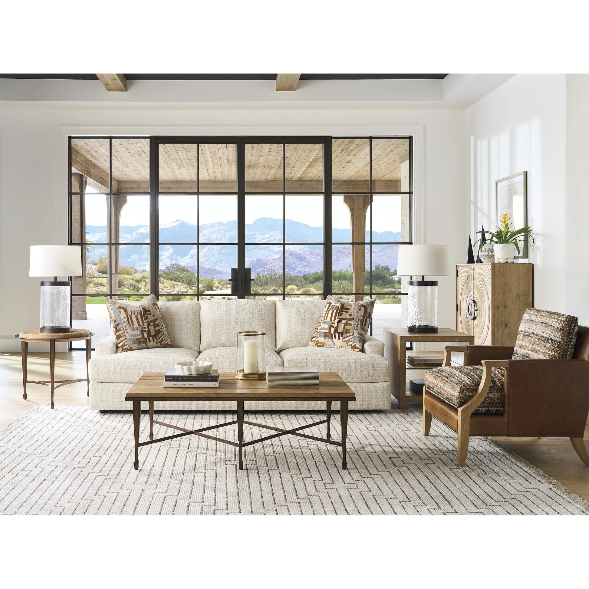 Catalonia Round Side Table by Barclay Butera in tan. Made from white oak, metal in a unique style.
