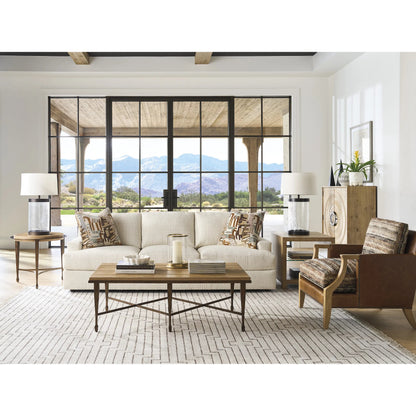 Catalonia Round Side Table by Barclay Butera in tan. Made from white oak, metal in a unique style.