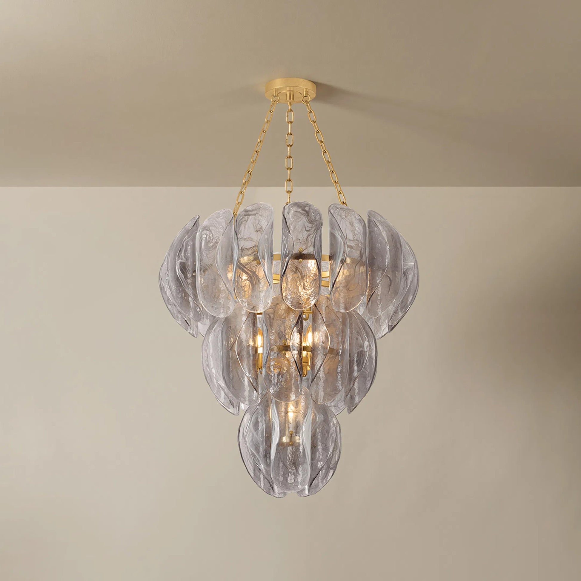 Anatase 10-Light Chandelier by Corbett in vintage gold leaf. Made from iron in a modern style.