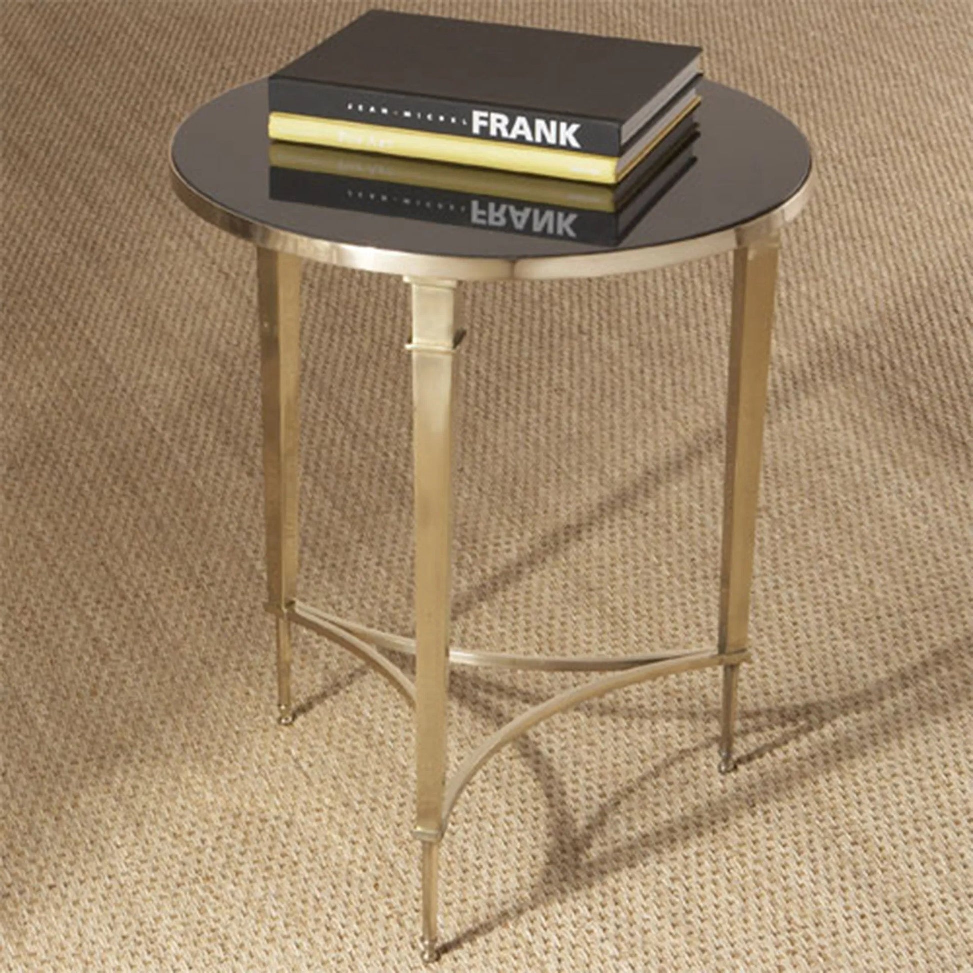 Round French Square Leg Table by Global Views in brass. Made from brass, granite in a transitional style.