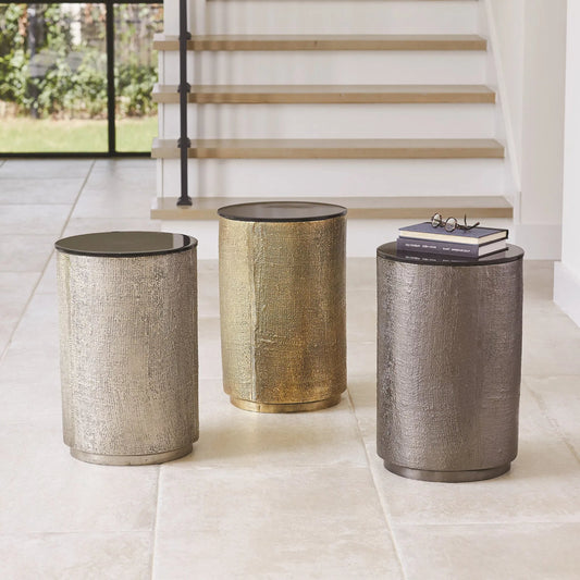 Hemp Etched Barrel Table by Global Views in antique brass. Made from aluminum, granite in a unique style.