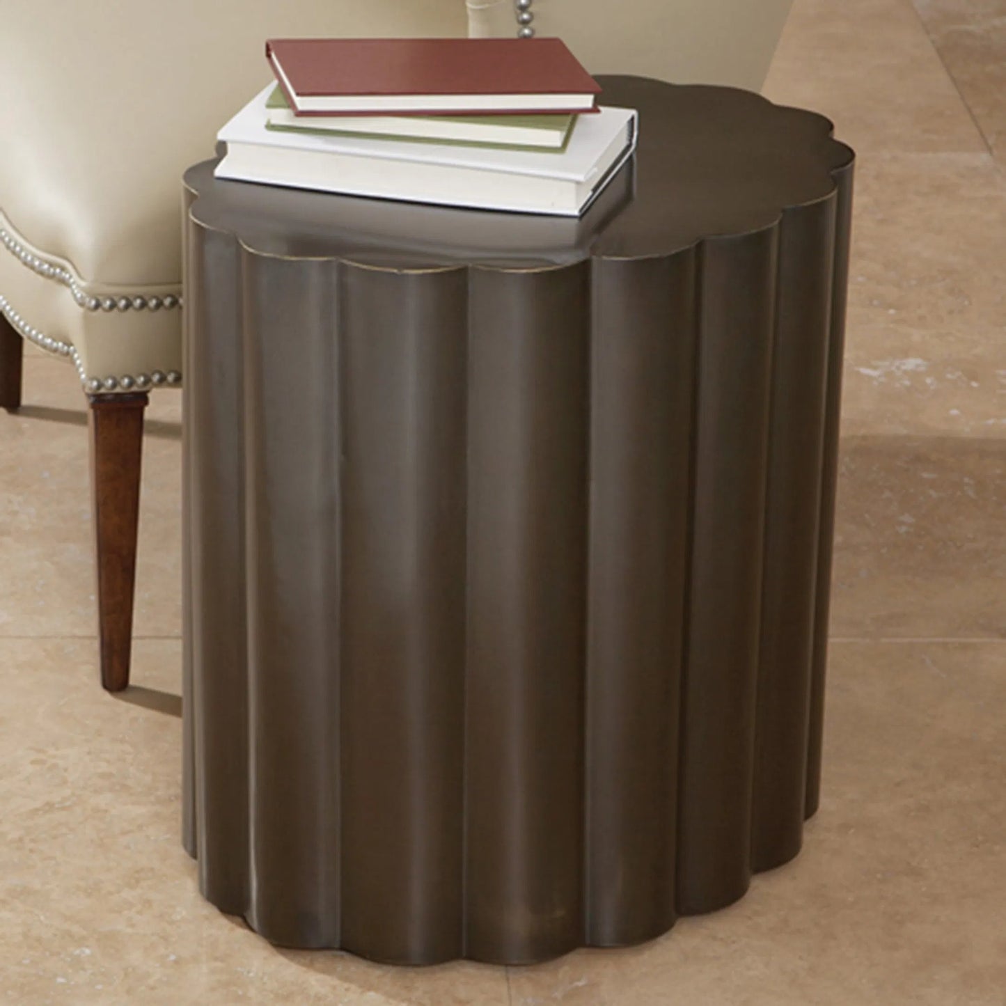 002 SR-701244 | Lifestyle | Fluted Table by Global Views in antique bronze. Made from stainless steel in a modern style.