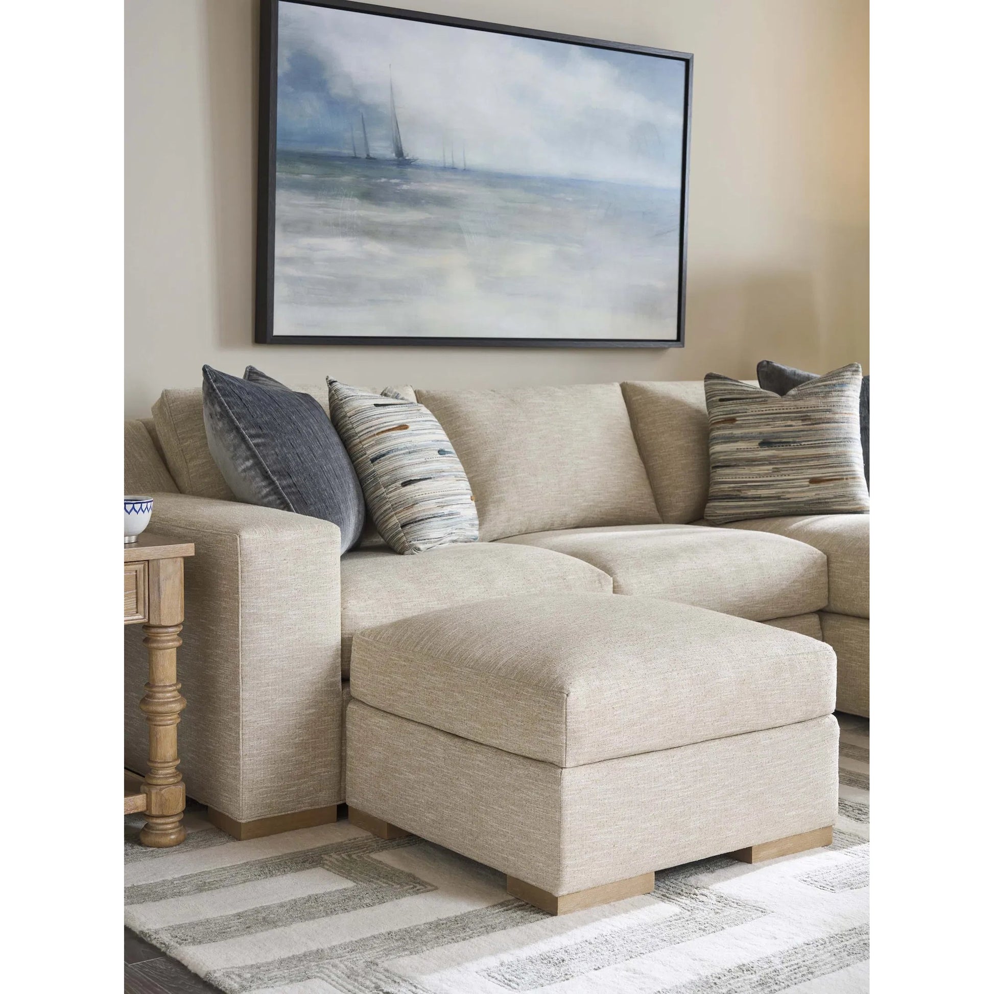 Shaws Cove Bumper Ottoman by Barclay Butera in beige, tan and tan. Made from mahogany, fabric in a unique style.