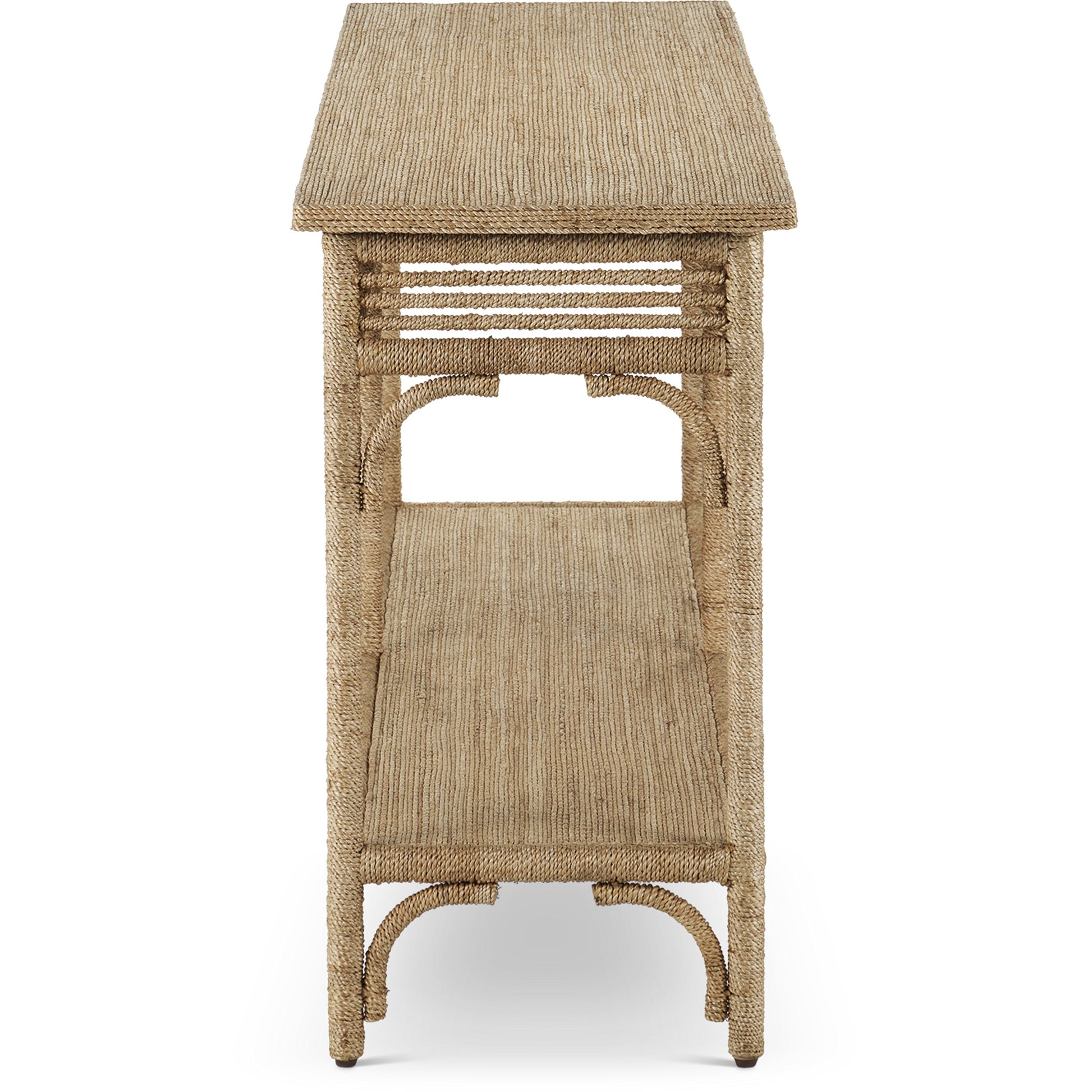 Olisa Rope Console Table by Currey and Company in natural, brown carafe. Made from abaca rope, wood, iron in a modern style.