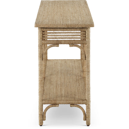 Olisa Rope Console Table by Currey and Company in natural, brown carafe. Made from abaca rope, wood, iron in a modern style.