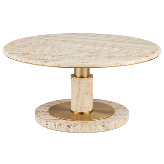 Miles Cocktail Table by Currey and Company in natural, polished brass. Made from travertine, brass in a modern style.