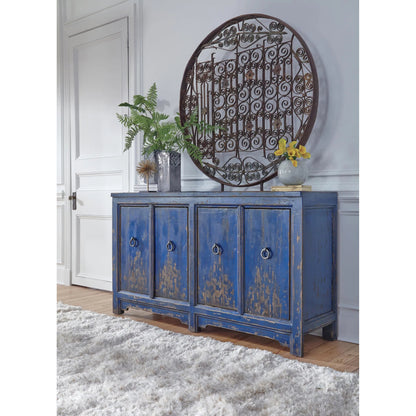 Amherst 4-Drawer Reclaimed Pine Wood Sideboard Buffet by Classic Home in gray. Made from reclaimed pine in a rustic style.