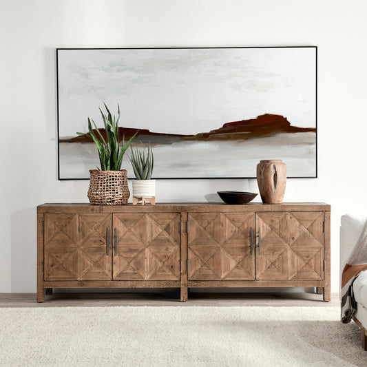 Elani 4 Door Sideboard by Classic Home in stafford brown finish. Made from reclaimed pine wood in a eclectic & global style.