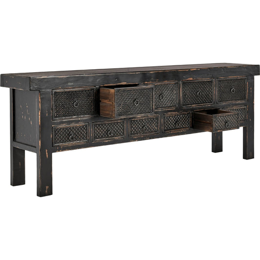 Lahey 11-Drawer Reclaimed Pine Wood Console Table Mission Brown by Classic Home in black and black. Made from reclaimed pine in a modern style.