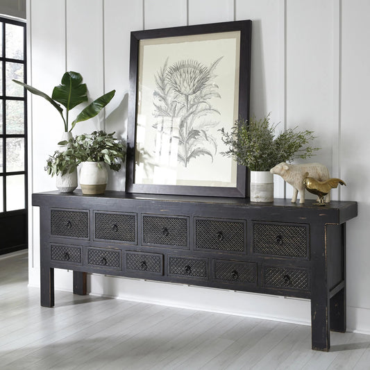 Lahey 11-Drawer Reclaimed Pine Wood Console Table Mission Brown by Classic Home in black and black. Made from reclaimed pine in a modern style.