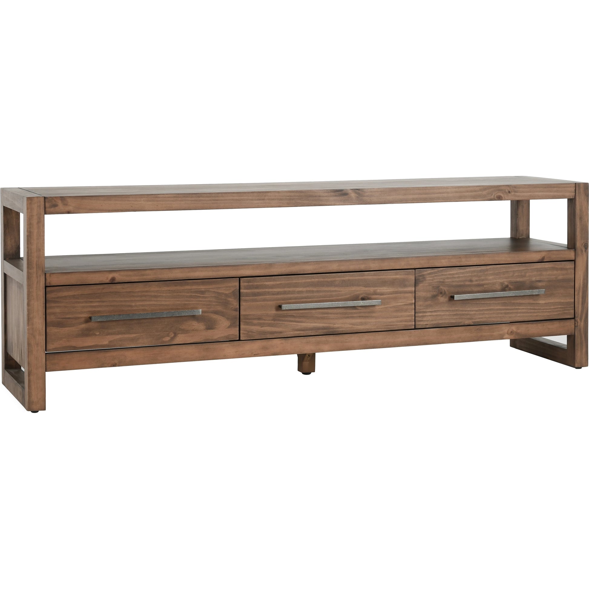 Fenmore 3 Drawer TV Stand by Kosas Home in almond brown. Made from pine wood in a modern style.