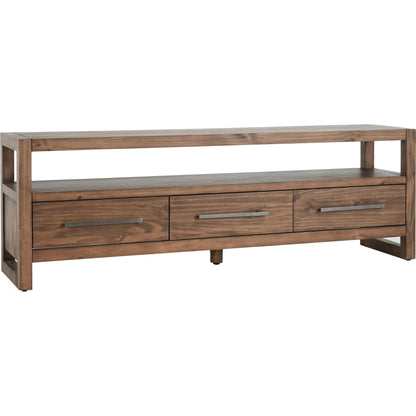 Fenmore 3 Drawer TV Stand by Kosas Home in almond brown. Made from pine wood in a modern style.
