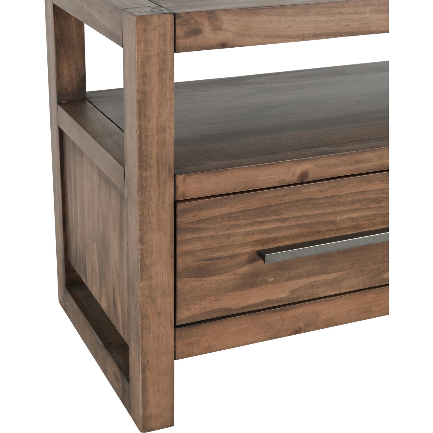 006 SI-2007481 | Closeup | Fenmore 3 Drawer TV Stand by Kosas Home in almond brown. Made from pine wood in a modern style.
