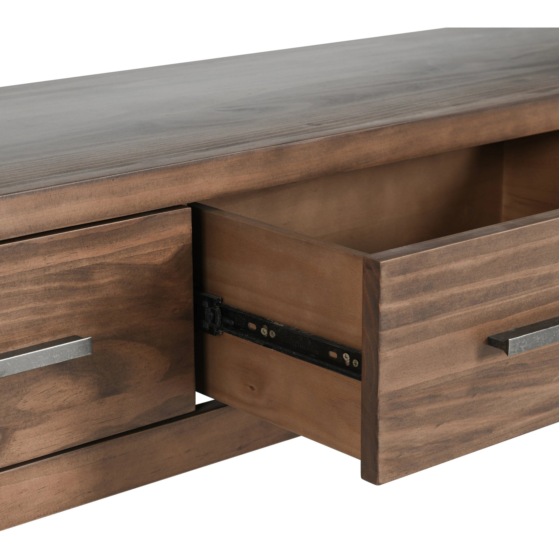 Fenmore 3 Drawer TV Stand by Kosas Home in almond brown. Made from pine wood in a modern style.