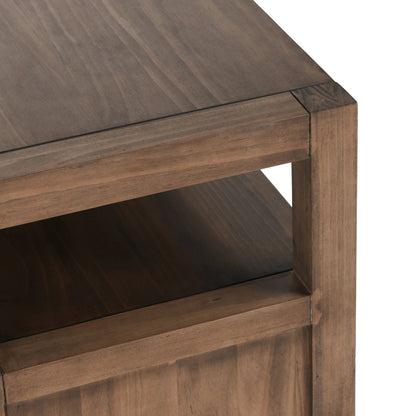 Fenmore 3 Drawer TV Stand by Kosas Home in almond brown. Made from pine wood in a modern style.