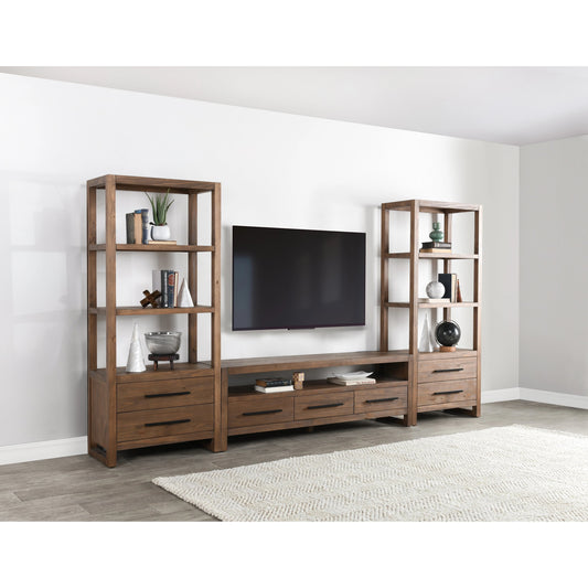 Fenmore 3 Drawer TV Stand by Kosas Home in almond brown. Made from pine wood in a modern style.