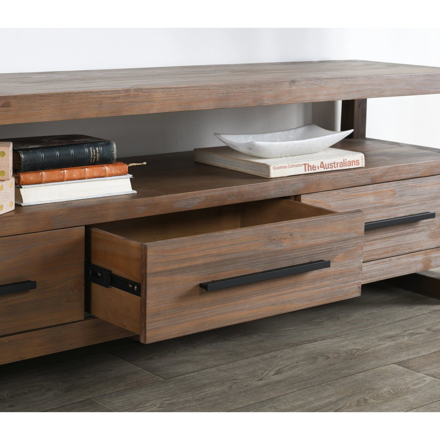 011 SI-2007481 | Lifestyle | Fenmore 3 Drawer TV Stand by Kosas Home in almond brown. Made from pine wood in a modern style.